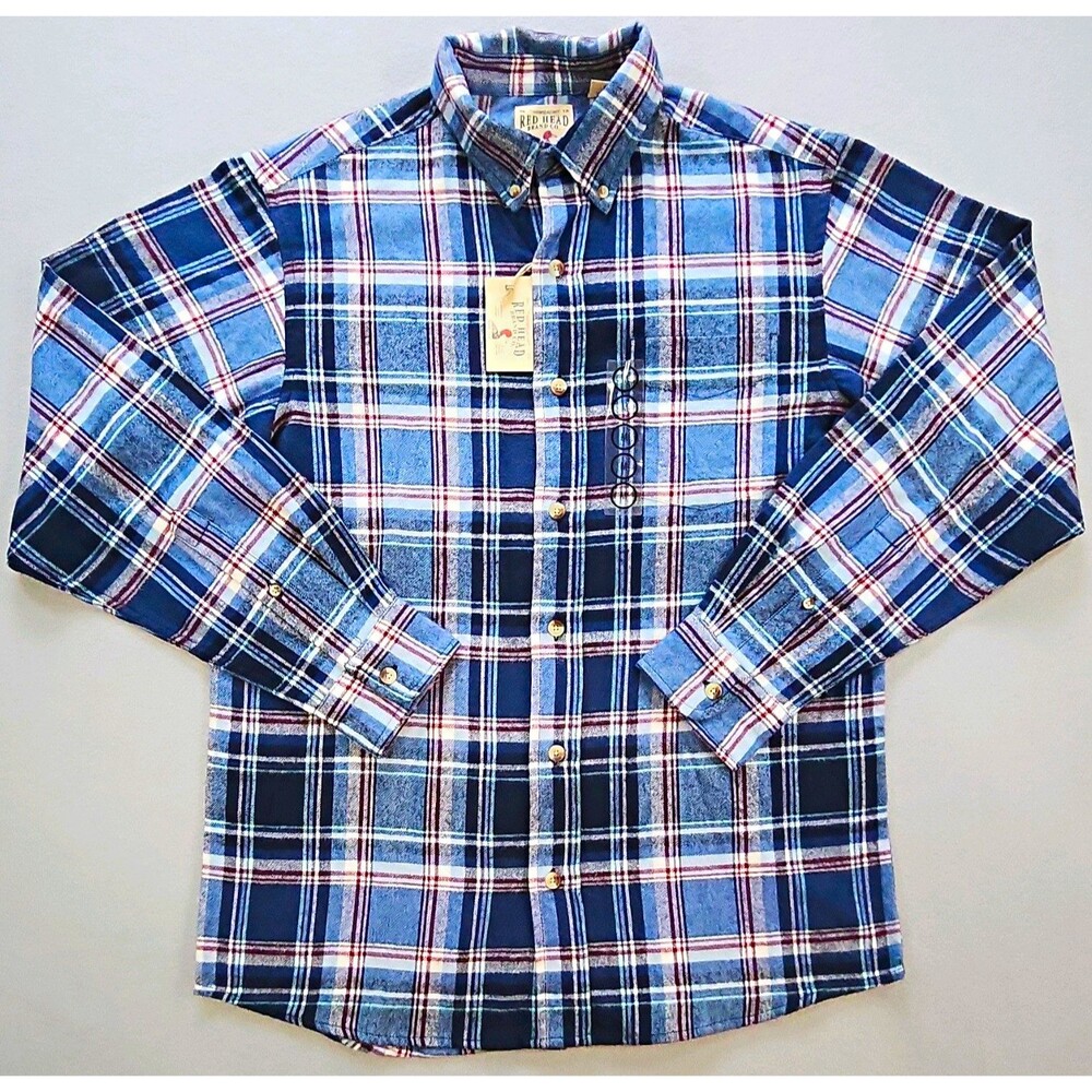 RedHead Brand Co. Men's M Blue Navy Red White Plaid Flannel Cotton Button-Down